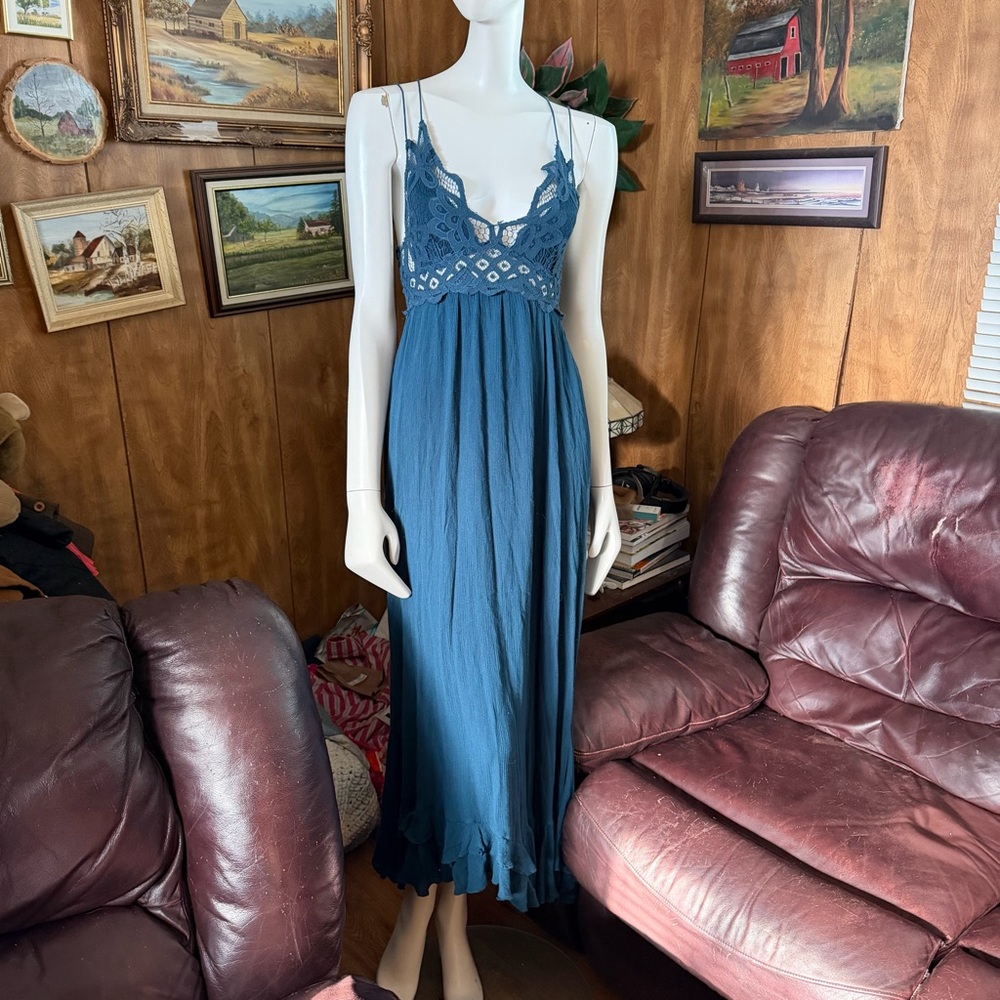 Free People Teal Blue Adella Maxi Dress size Small EUC